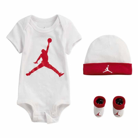 JHN Jumpman Infants Mütze/ Bodysuit /Bootie Set 3pc "White-Gym Red"